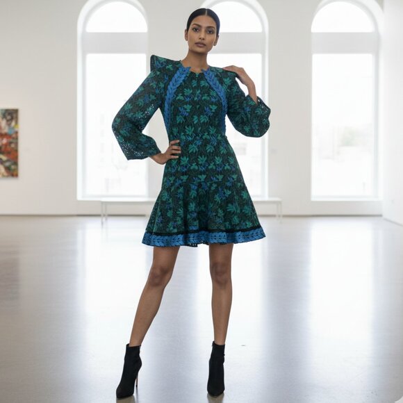 Bibhu Mohapatra purple label Floral Leaf Applique Lace Dress Green/Blue Size 6 - Picture 3 of 10